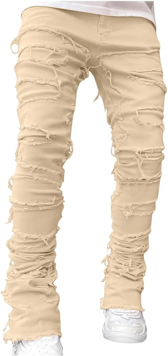 Firzero Men's Denim Pants Zippered Straight Leg Trousers Elastic Patchwork Slim Fit Jean Y2K Style Trousers with Pocket