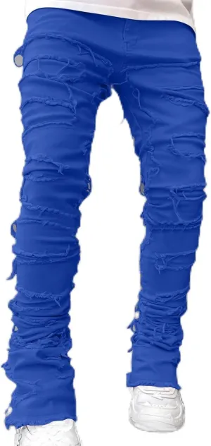 Firzero Men's Denim Pants Zippered Straight Leg Trousers Elastic Patchwork Slim Fit Jean Y2K Style Trousers with Pocket