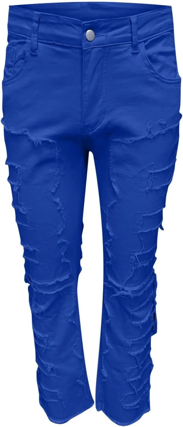 Firzero Men's Denim Pants Zippered Straight Leg Trousers Elastic Patchwork Slim Fit Jean Y2K Style Trousers with Pocket