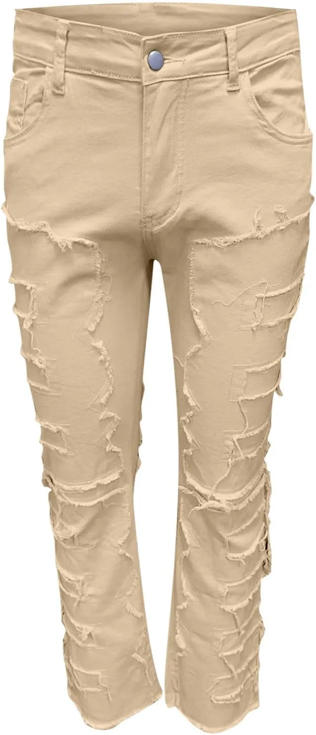 Firzero Men's Denim Pants Zippered Straight Leg Trousers Elastic Patchwork Slim Fit Jean Y2K Style Trousers with Pocket
