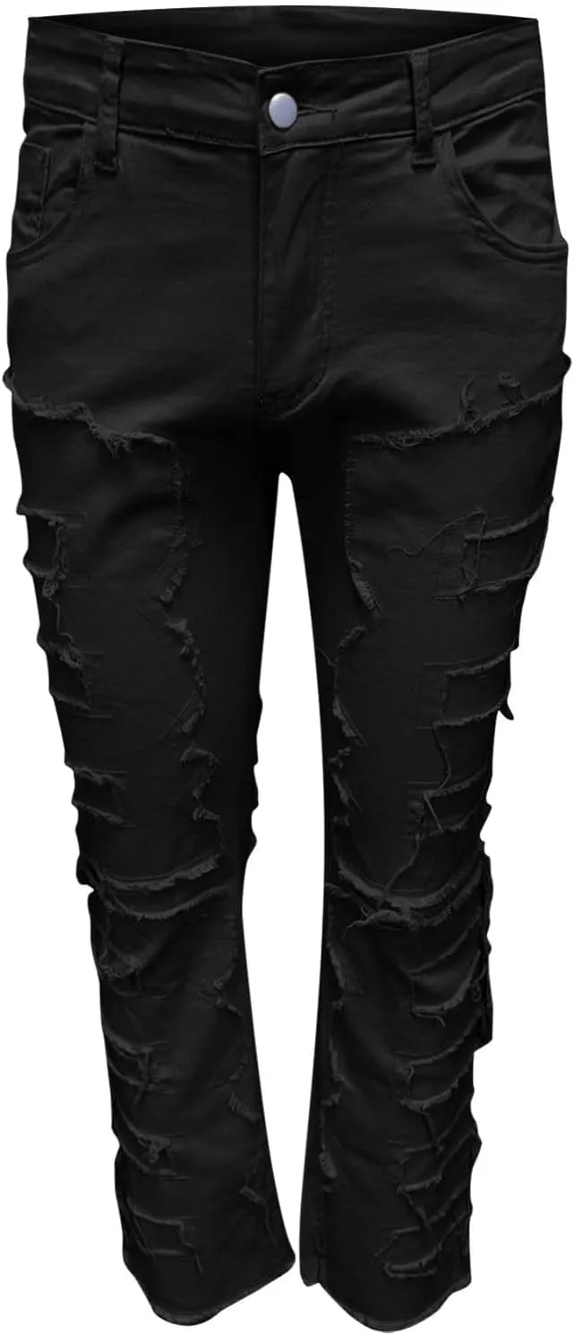 Firzero Men's Denim Pants Zippered Straight Leg Trousers Elastic Patchwork Slim Fit Jean Y2K Style Trousers with Pocket