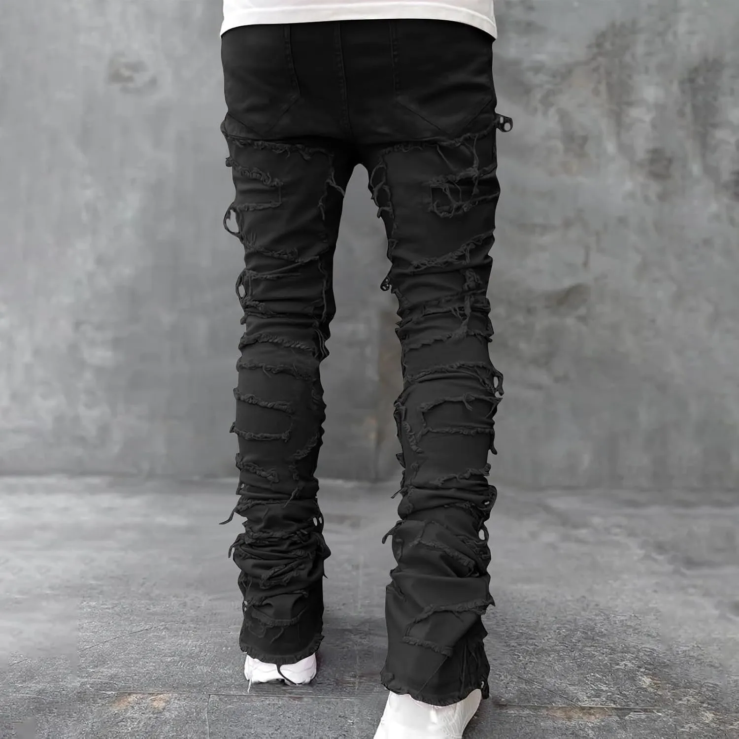 Firzero Men's Denim Pants Zippered Straight Leg Trousers Elastic Patchwork Slim Fit Jean Y2K Style Trousers with Pocket