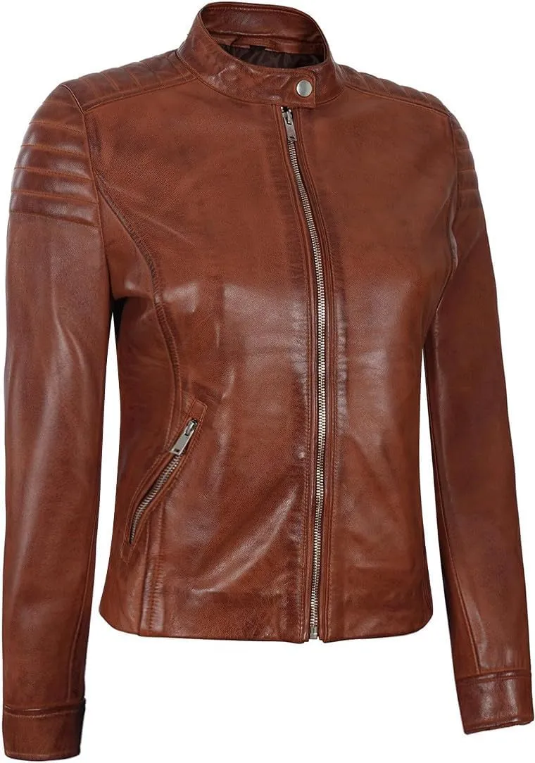 fjackets Leather Jacket Women - Cafe Racer Style Leather Jackets For Women's Real Lambskin Womens Leather Jackets
