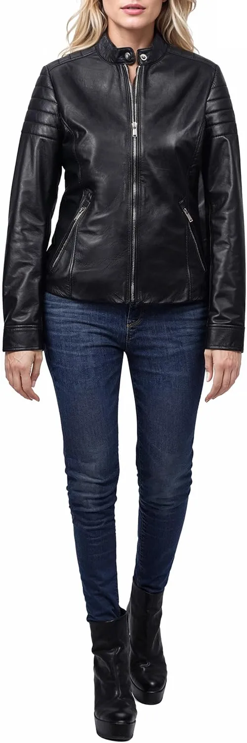 fjackets Leather Jacket Women - Cafe Racer Style Leather Jackets For Women's Real Lambskin Womens Leather Jackets