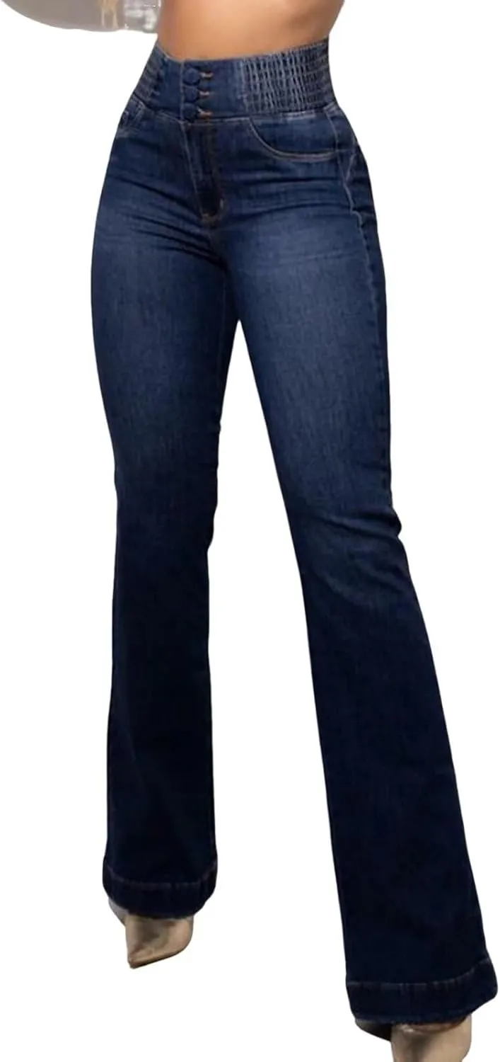 Flare Jeans for Women High Waisted Stretchy Bootcut Jeans Tummy Control Button Fly Bell Bottom Denim Pants