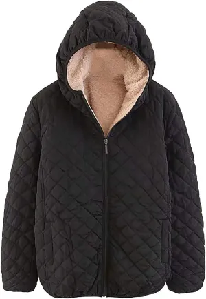 Fleece Lined Coat for Women Trendy Diamond Quilted Zipper Jacket Lightweight Long Sleeve Hooded Outwear with Pockets