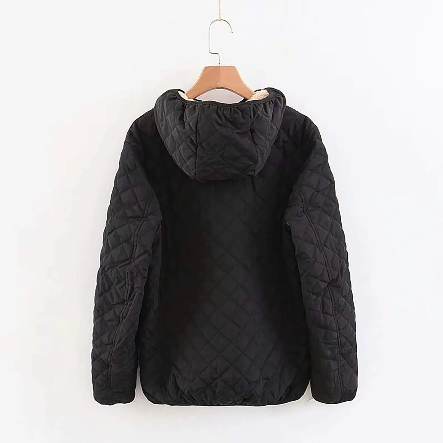 Fleece Lined Coat for Women Trendy Diamond Quilted Zipper Jacket Lightweight Long Sleeve Hooded Outwear with Pockets