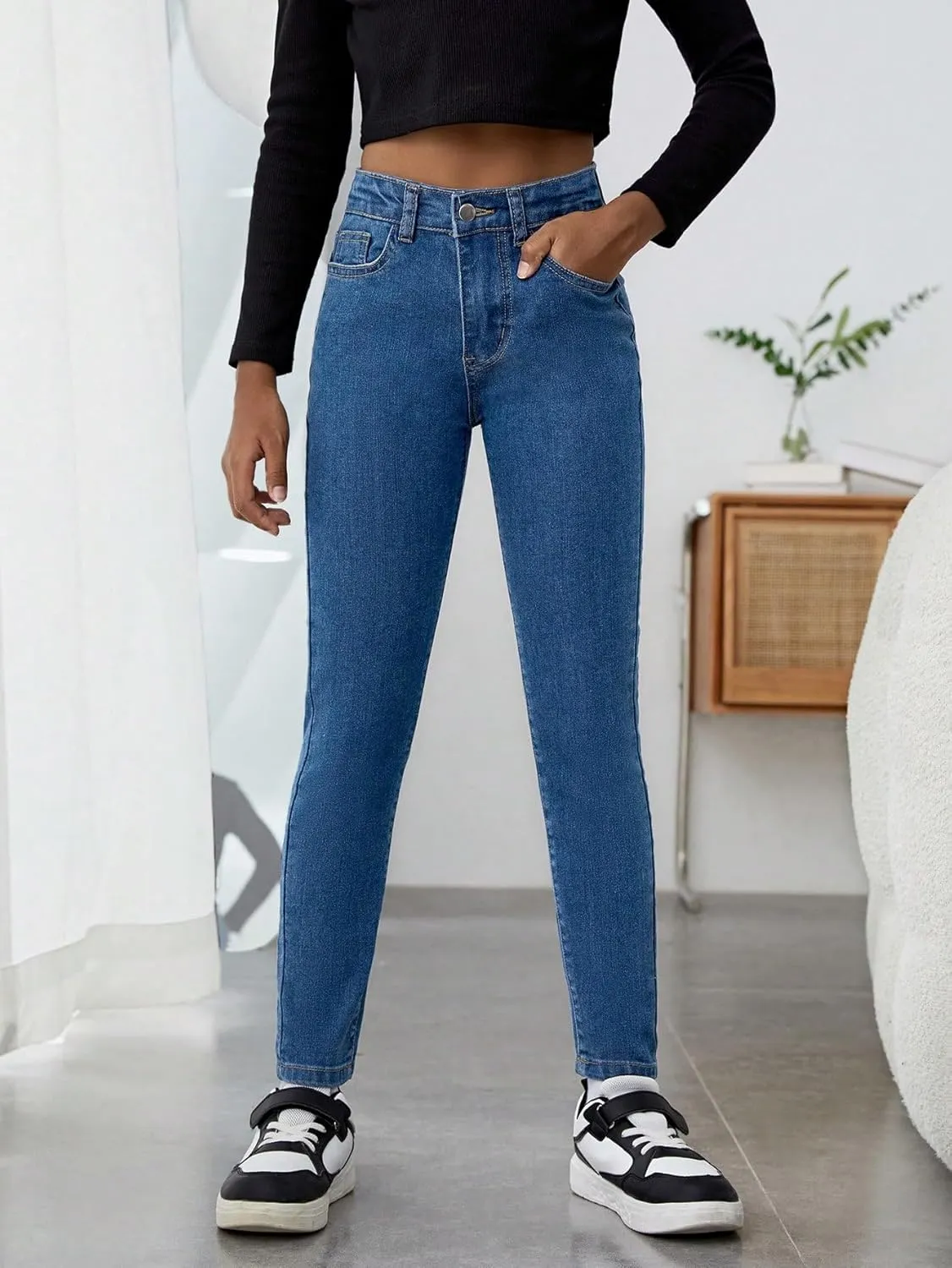 Floerns Girls Casual Zipper Fly Skinny Denim Jeans High Waisted Jean Trousers with Pockets