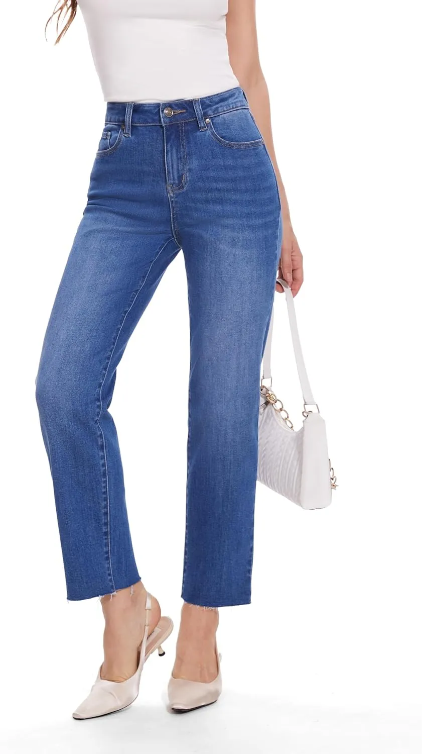 FLYING BANANA Women's High Waisted Jeans Stretchy Raw Hem Ankle Denim Jeans for Spring