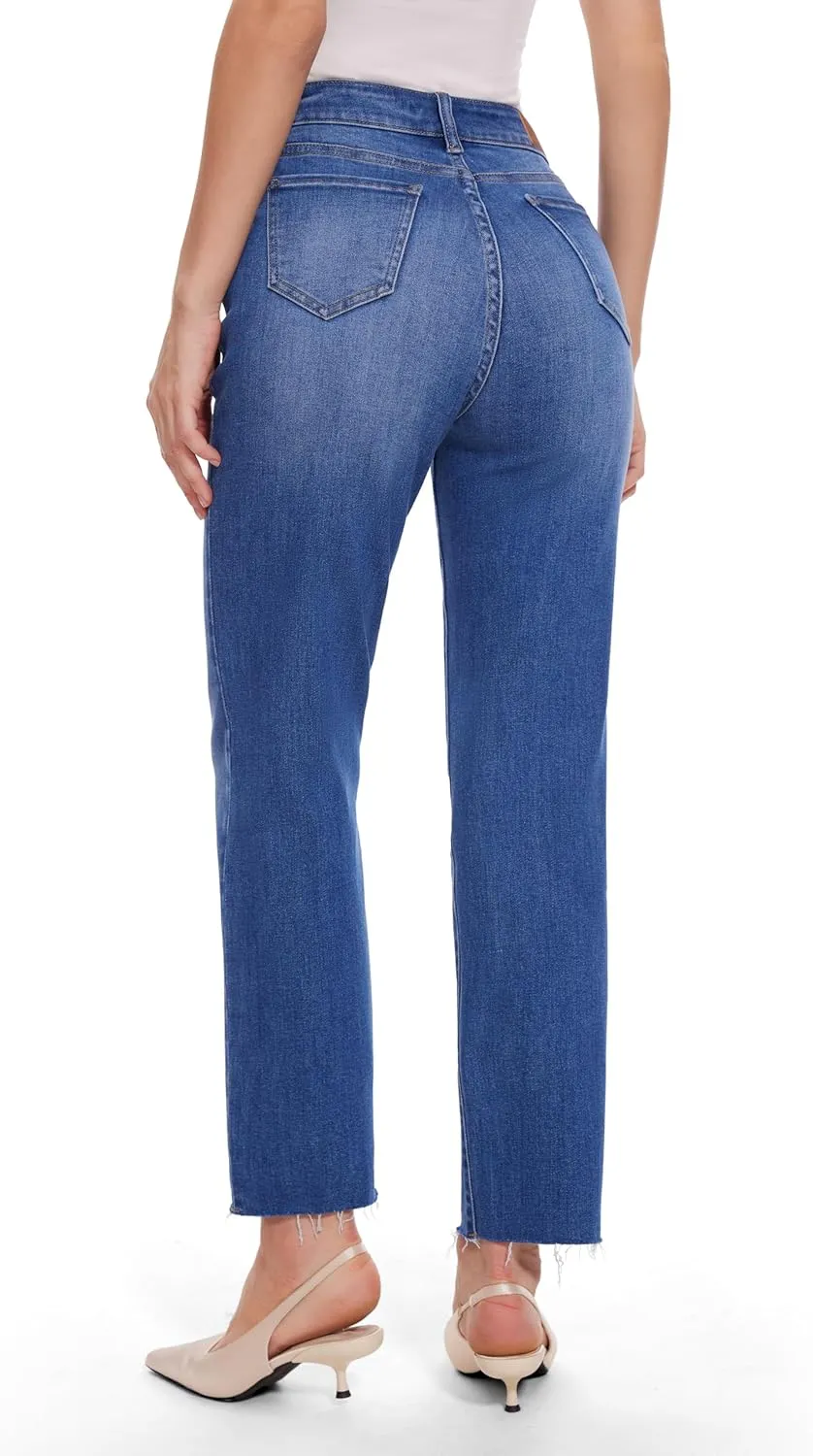 FLYING BANANA Women's High Waisted Jeans Stretchy Raw Hem Ankle Denim Jeans for Spring