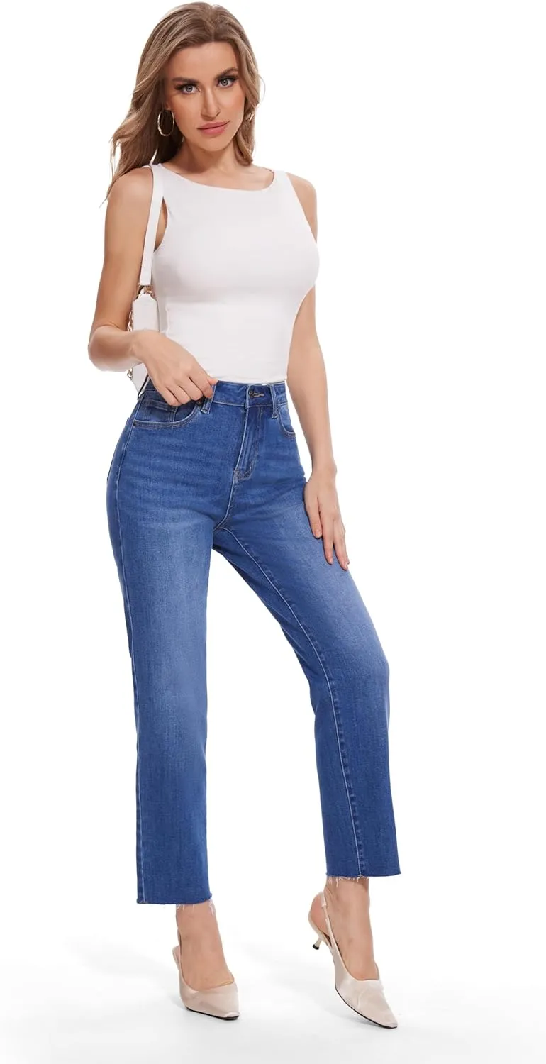 FLYING BANANA Women's High Waisted Jeans Stretchy Raw Hem Ankle Denim Jeans for Spring
