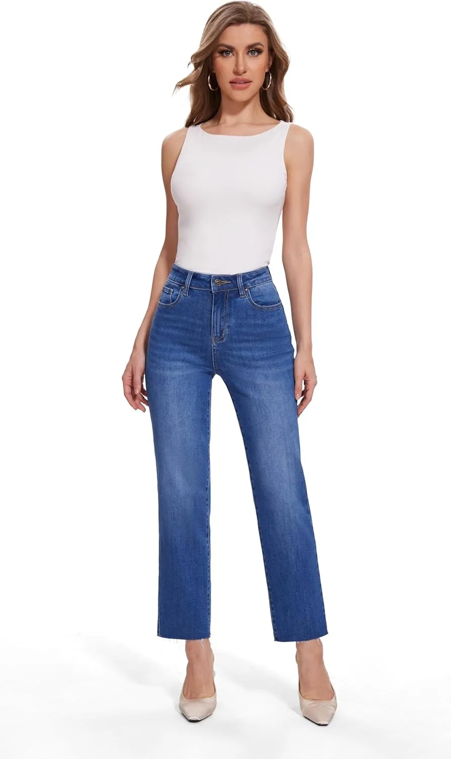 FLYING BANANA Women's High Waisted Jeans Stretchy Raw Hem Ankle Denim Jeans for Spring