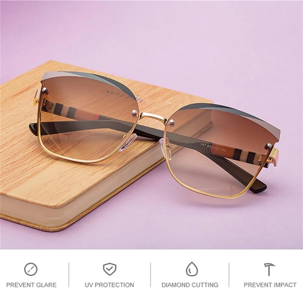 Frameless Cat Eye Stripe Ladies Sunglasses Vintage Gradient Women Shades UV400