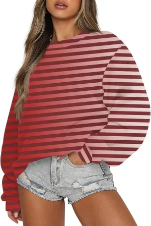 GOFULY Fall Crewneck Sweatshirts Women Oversized Striped Pullover Lightweight Crop Sweatshirts Winter Long Sleeve Tshirt