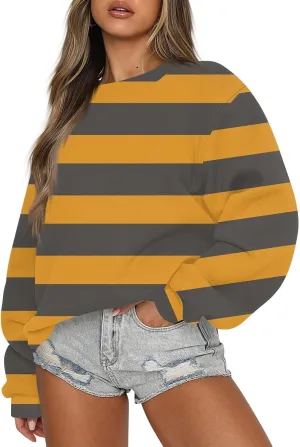 GOFULY Fall Crewneck Sweatshirts Women Oversized Striped Pullover Lightweight Crop Sweatshirts Winter Long Sleeve Tshirt