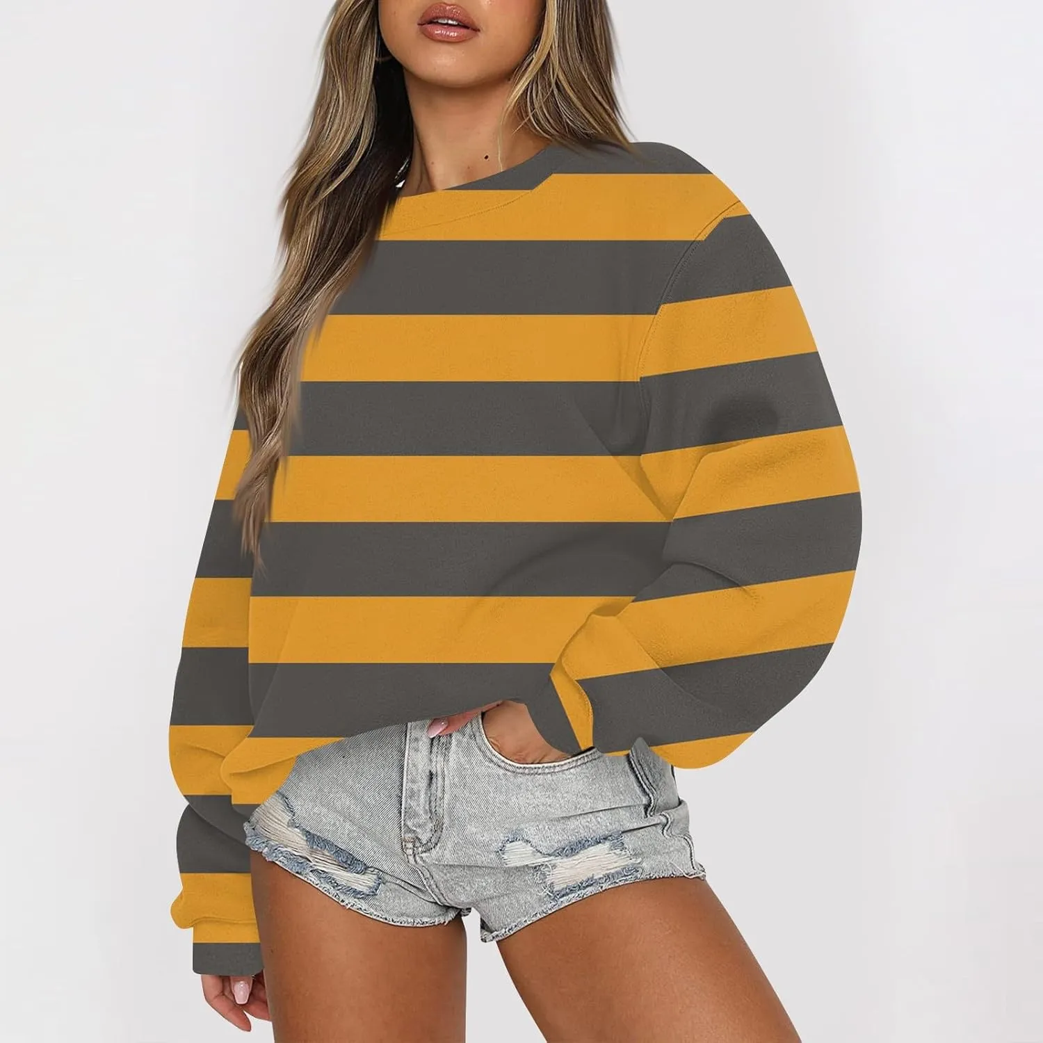 GOFULY Fall Crewneck Sweatshirts Women Oversized Striped Pullover Lightweight Crop Sweatshirts Winter Long Sleeve Tshirt