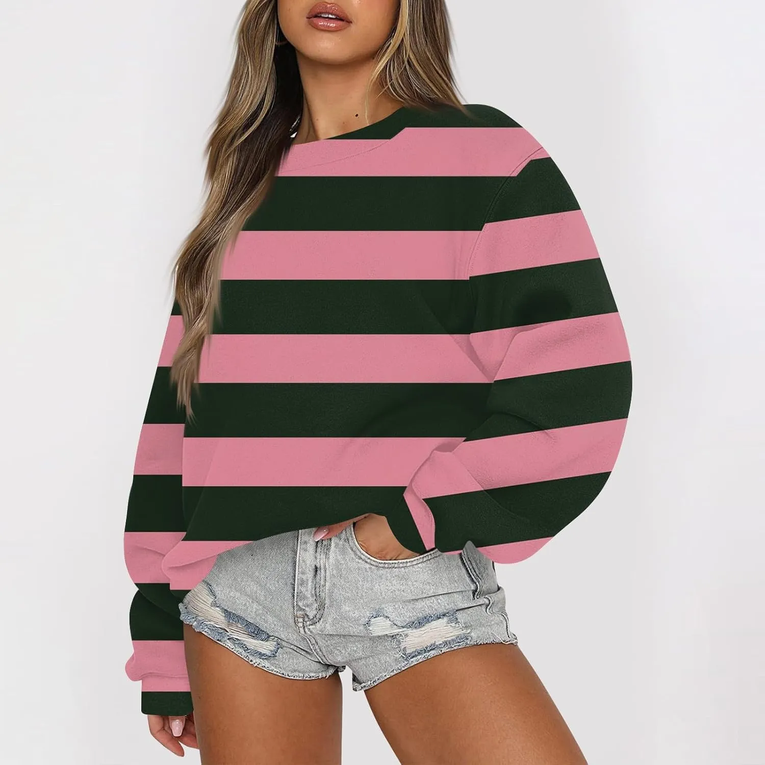 GOFULY Fall Crewneck Sweatshirts Women Oversized Striped Pullover Lightweight Crop Sweatshirts Winter Long Sleeve Tshirt
