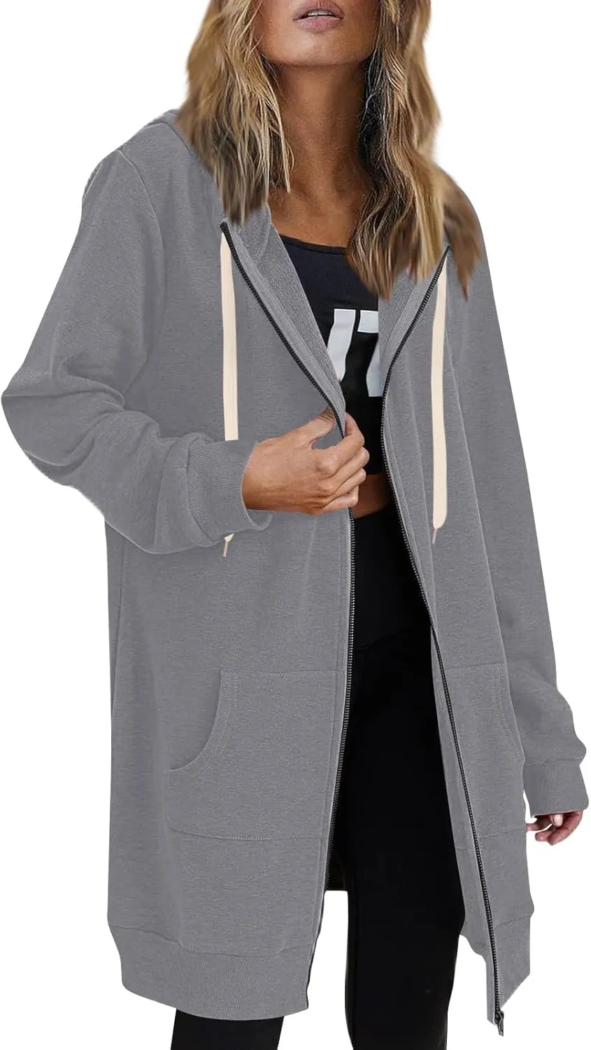 GOFULY Sweatshirt Dress Women Lightweight Zip Up Hoodies Fleece Fall Long Sleeve Drawstring Clothes Solid Jacket With Pockets