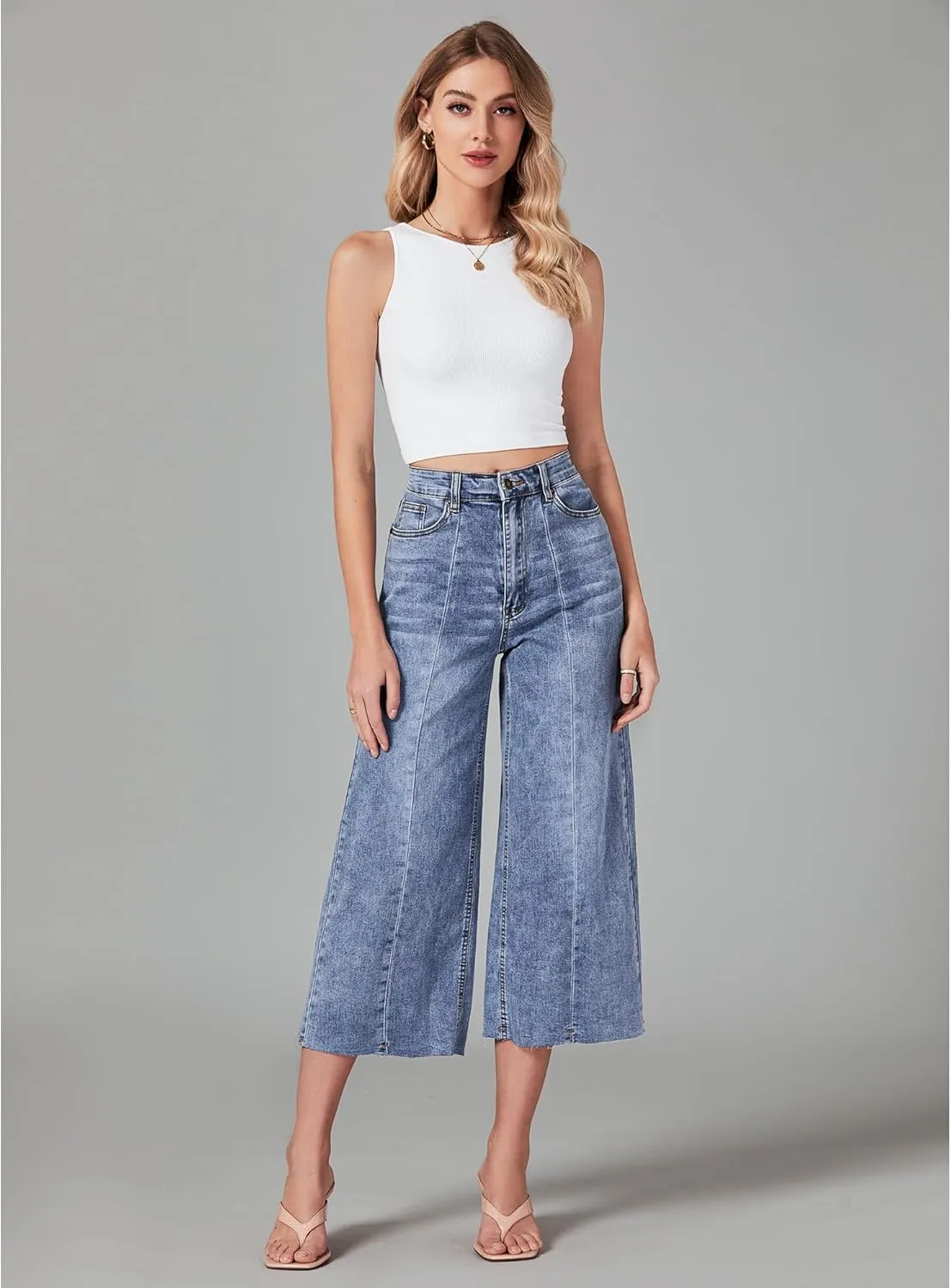 GRAPENT Jean Capris for Women Wide Leg Jeans High Waisted Seamed Front Raw Hem Denim Capri Pants Stretchy