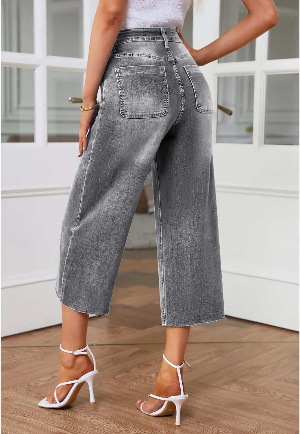 GRAPENT Jean Capris for Women Wide Leg Jeans High Waisted Seamed Front Raw Hem Denim Capri Pants Stretchy