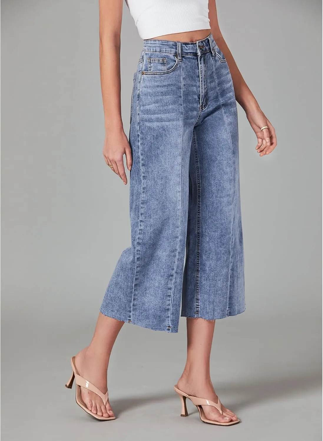 GRAPENT Jean Capris for Women Wide Leg Jeans High Waisted Seamed Front Raw Hem Denim Capri Pants Stretchy