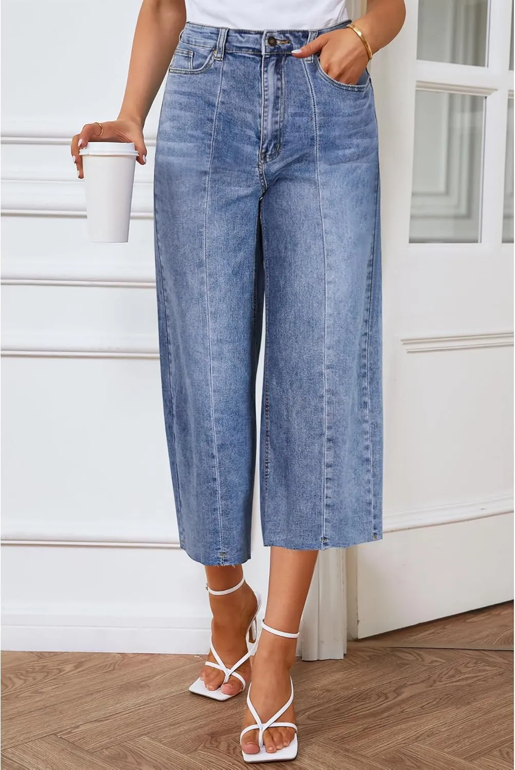 GRAPENT Jean Capris for Women Wide Leg Jeans High Waisted Seamed Front Raw Hem Denim Capri Pants Stretchy