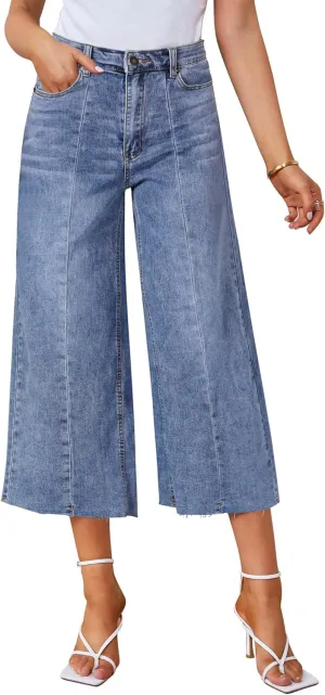 GRAPENT Jean Capris for Women Wide Leg Jeans High Waisted Seamed Front Raw Hem Denim Capri Pants Stretchy