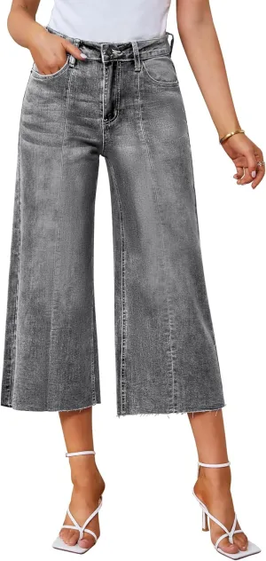 GRAPENT Jean Capris for Women Wide Leg Jeans High Waisted Seamed Front Raw Hem Denim Capri Pants Stretchy