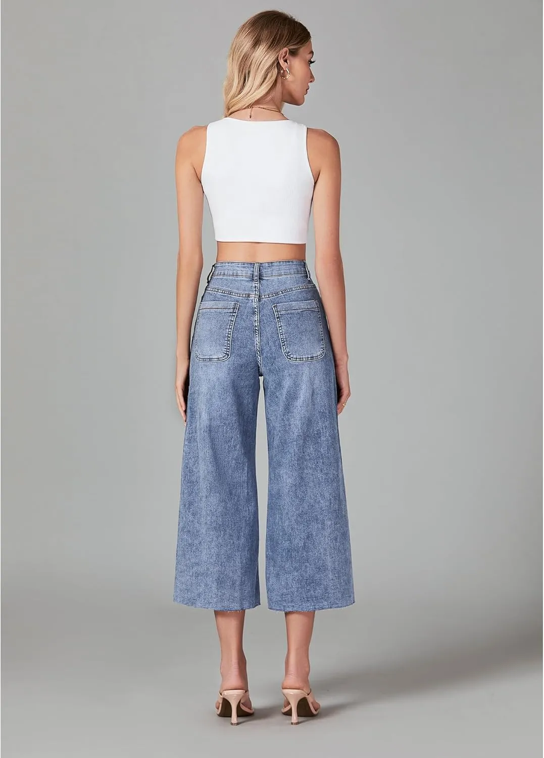 GRAPENT Jean Capris for Women Wide Leg Jeans High Waisted Seamed Front Raw Hem Denim Capri Pants Stretchy
