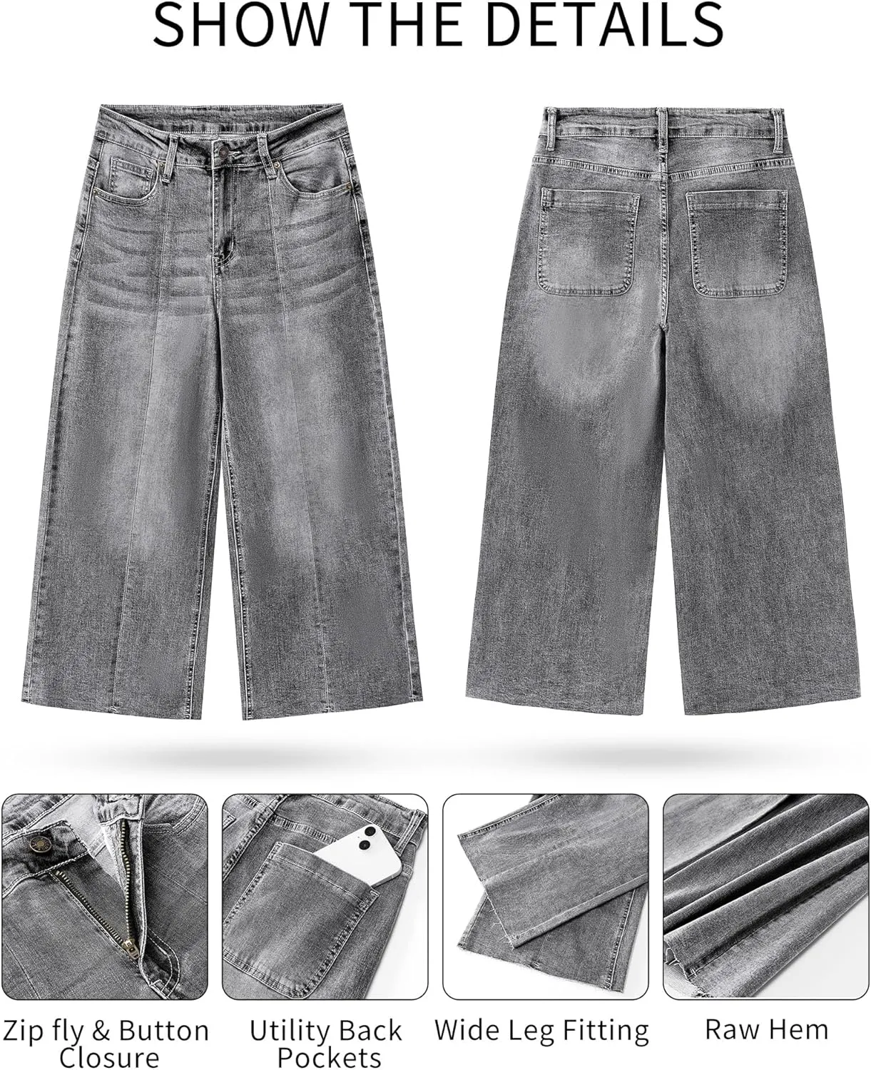 GRAPENT Jean Capris for Women Wide Leg Jeans High Waisted Seamed Front Raw Hem Denim Capri Pants Stretchy