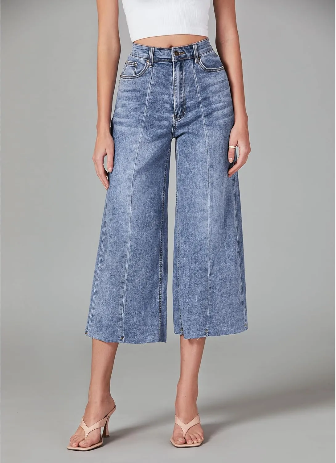GRAPENT Jean Capris for Women Wide Leg Jeans High Waisted Seamed Front Raw Hem Denim Capri Pants Stretchy
