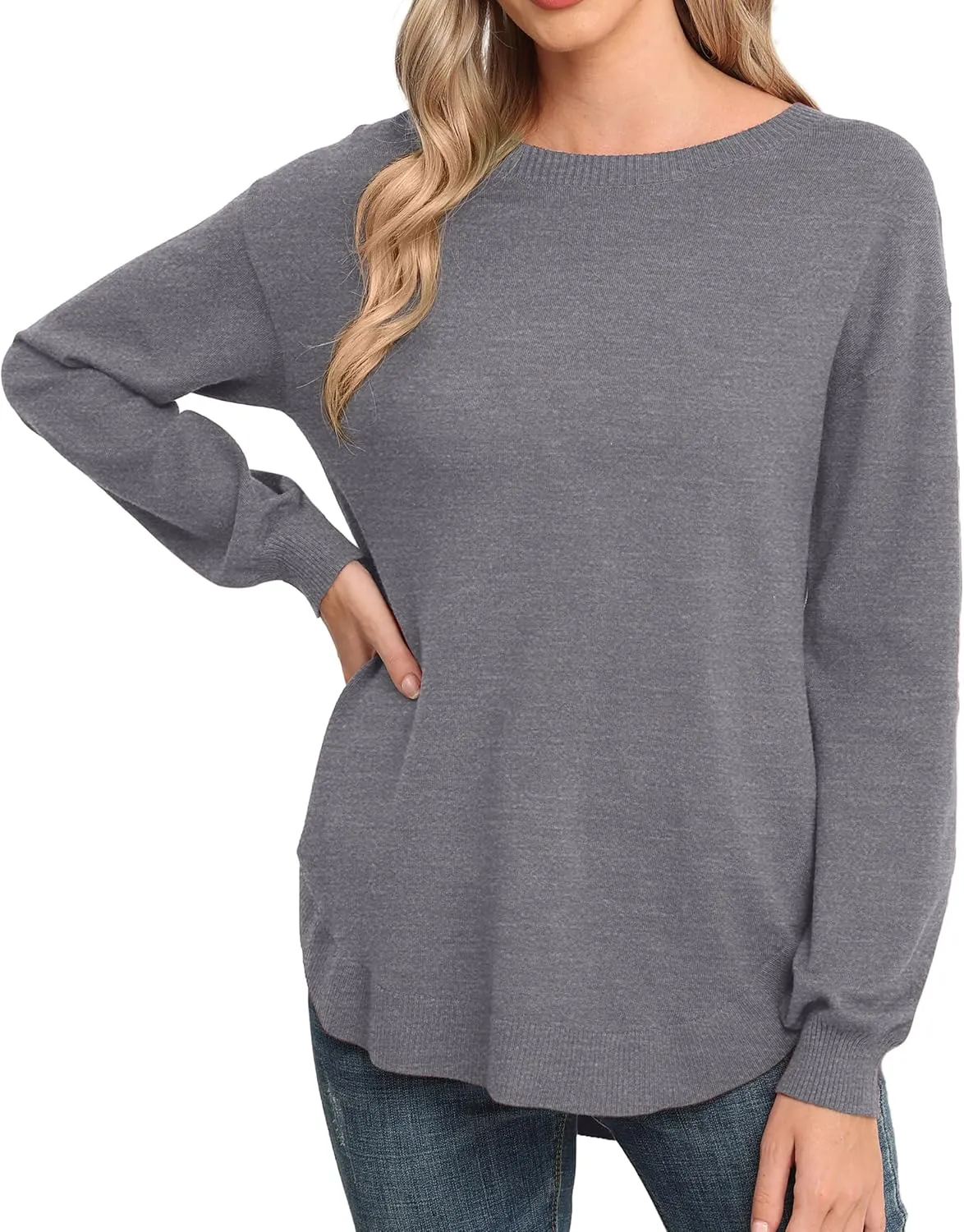 GRECERELLE Womens Long Sleeve Lightweight Crewneck Sweater Tops Casual Soft Knit Pullover Jumper