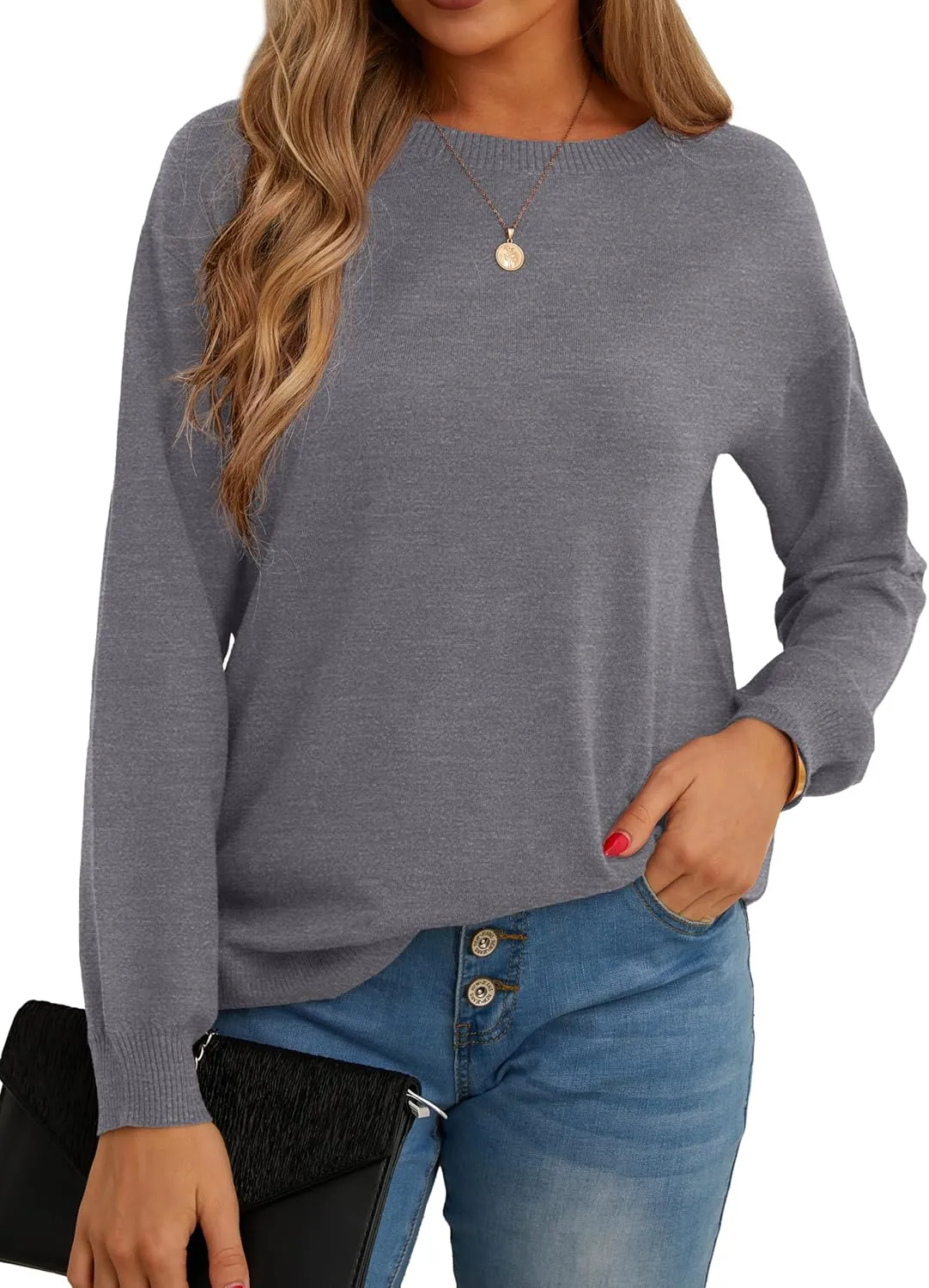 GRECERELLE Womens Long Sleeve Lightweight Crewneck Sweater Tops Casual Soft Knit Pullover Jumper