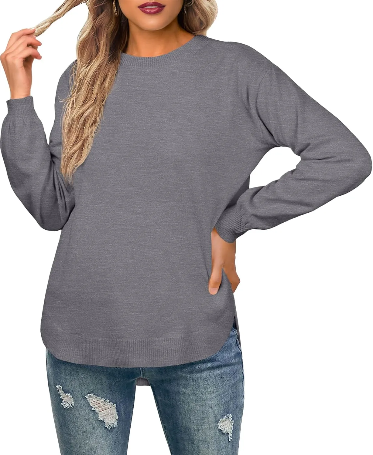 GRECERELLE Womens Long Sleeve Lightweight Crewneck Sweater Tops Casual Soft Knit Pullover Jumper