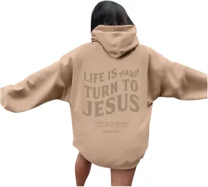 Hoodies For Teen Girls Life Is Hard Turn To Jesus Letter Print Long Sleeve Pullover Tops With Kangaroo Pocket Fall Trendy