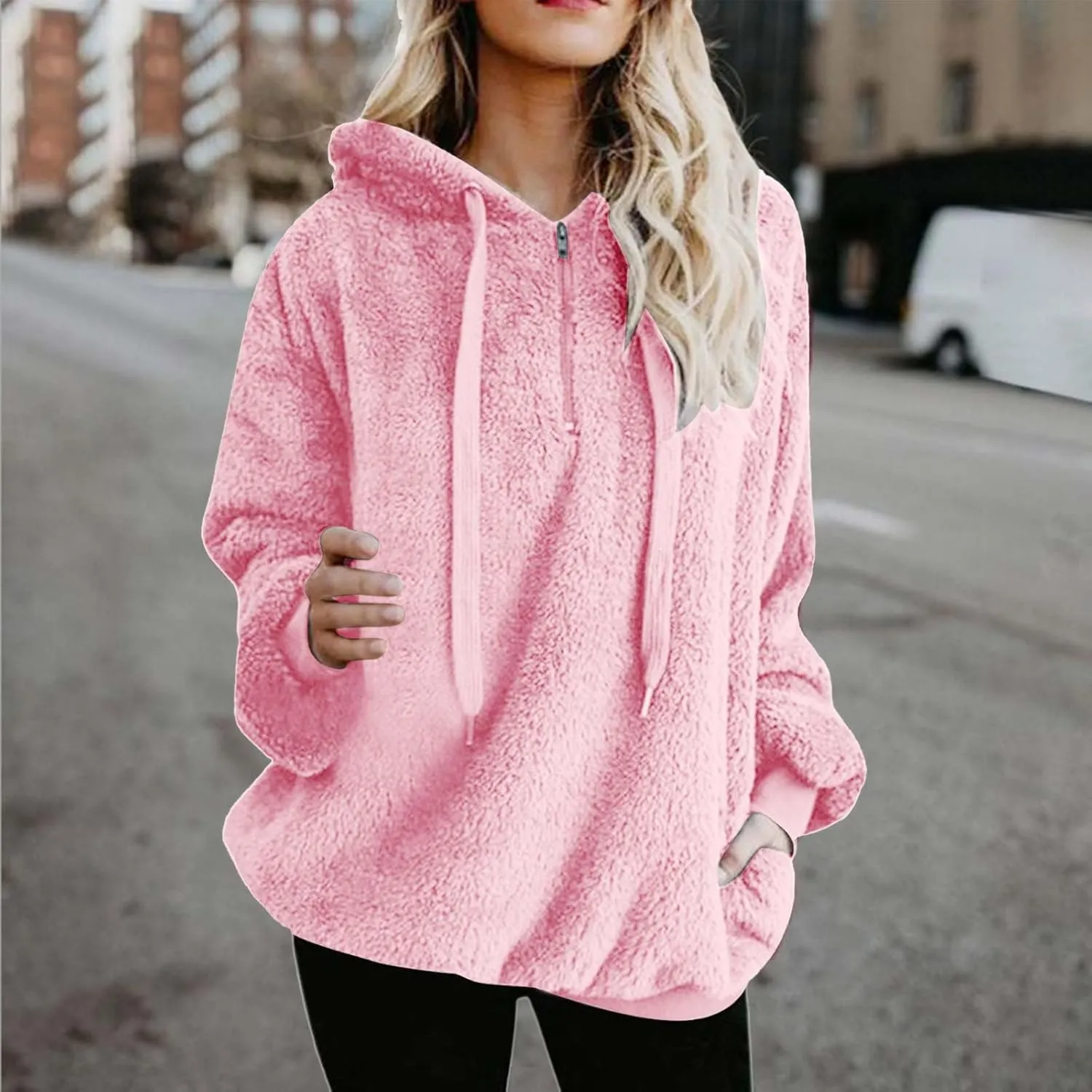 Hoodies for Women Athletic Fuzzy Oversized Long Sleeve Sweatshirt Drawstring Fleece Winter Warm Clothes With Pockets