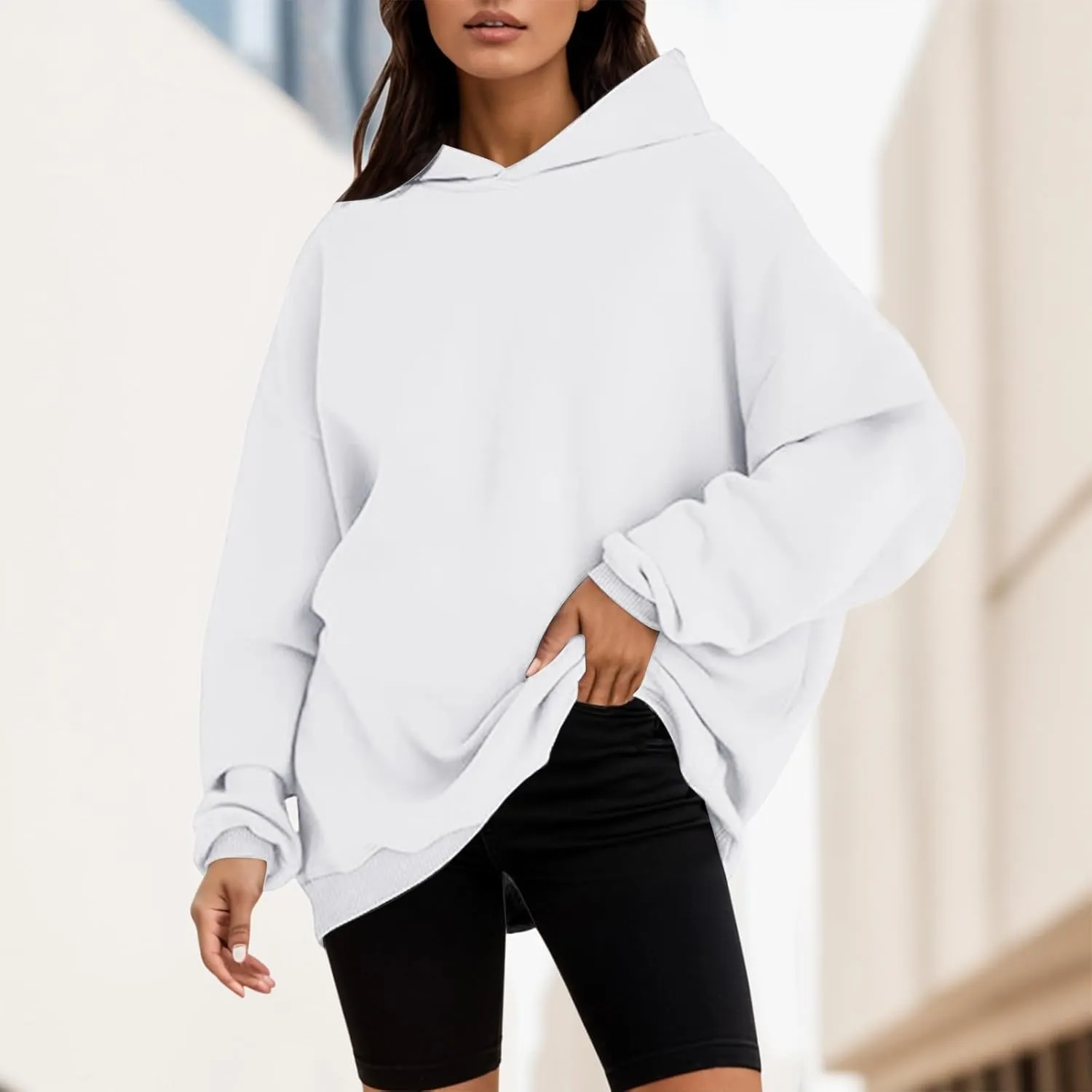 Hoodies for Women Oversized Hooded Sweatshirt Drop Shoulder Fall Fleece Lined Clothes with Pocket Causal Solid 2023 Outfits