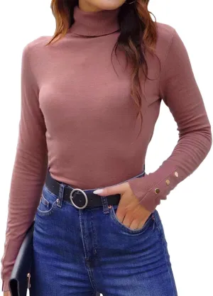 Hyipels Women's Turtleneck Sweater Long Sleeve Fitted Lightweight Soft Knit Pullover with Metal Buttons