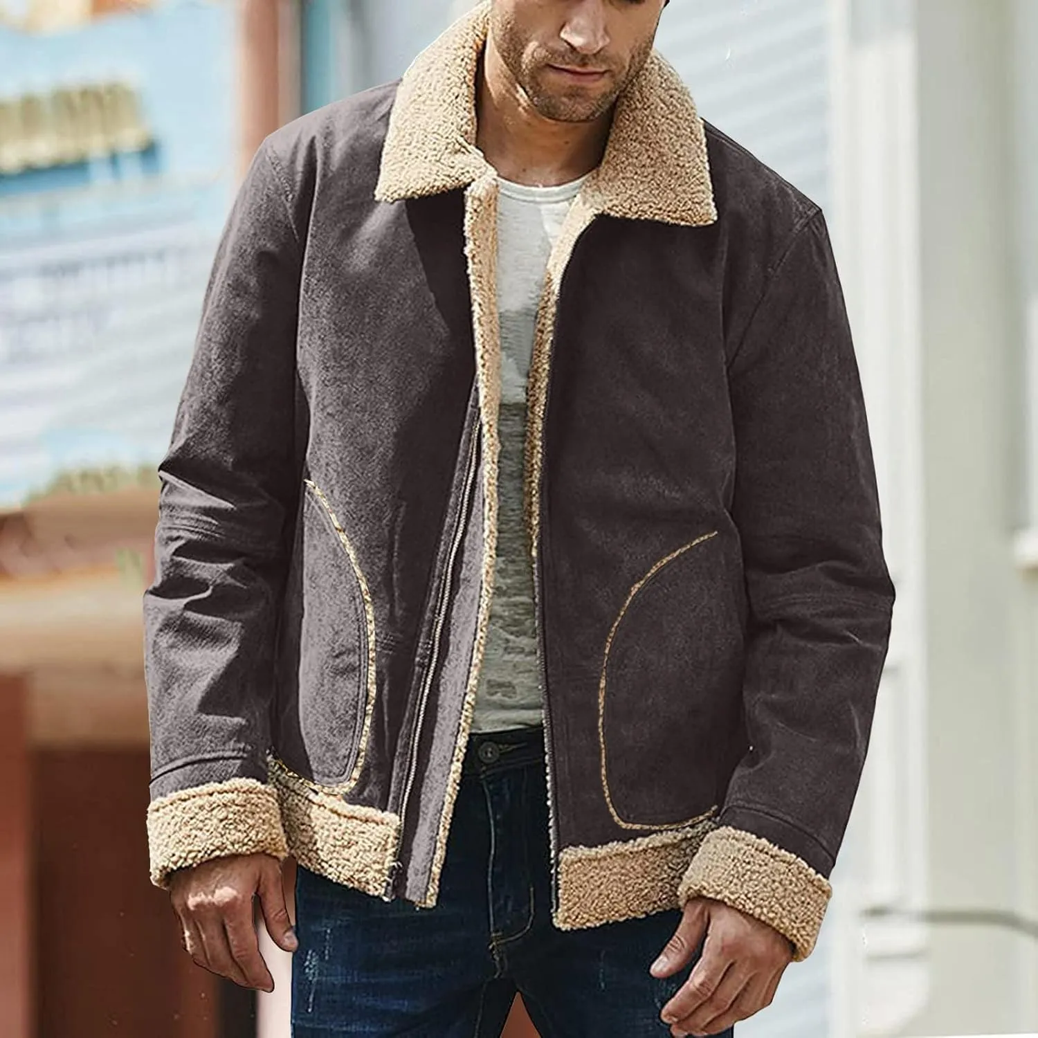 Jackets for Men Vintage Lightweight Suede Bomber Jackets Thicked Sherpa Fleece Lined Retro Varsity Coat Outwear Top