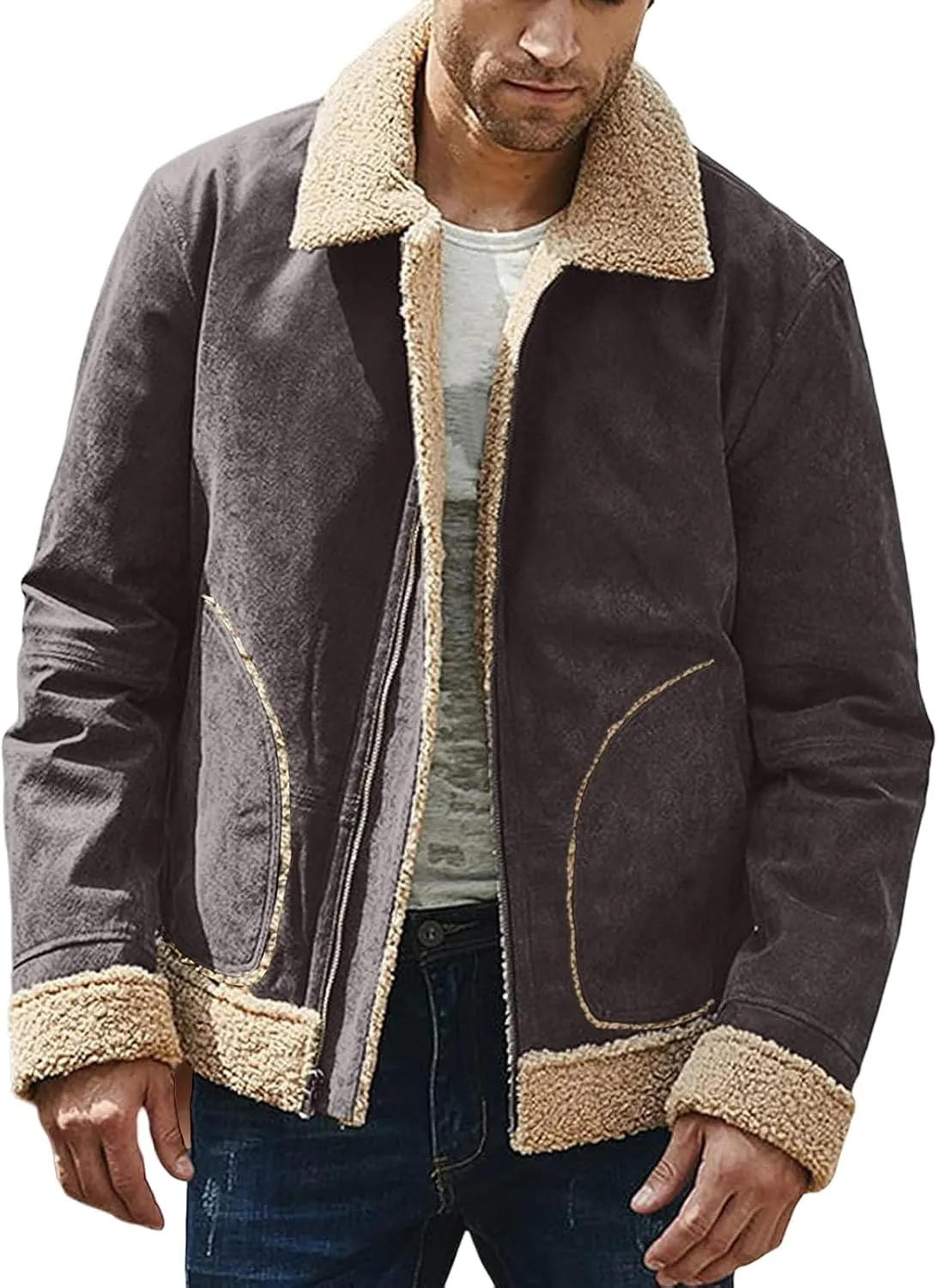 Jackets for Men Vintage Lightweight Suede Bomber Jackets Thicked Sherpa Fleece Lined Retro Varsity Coat Outwear Top