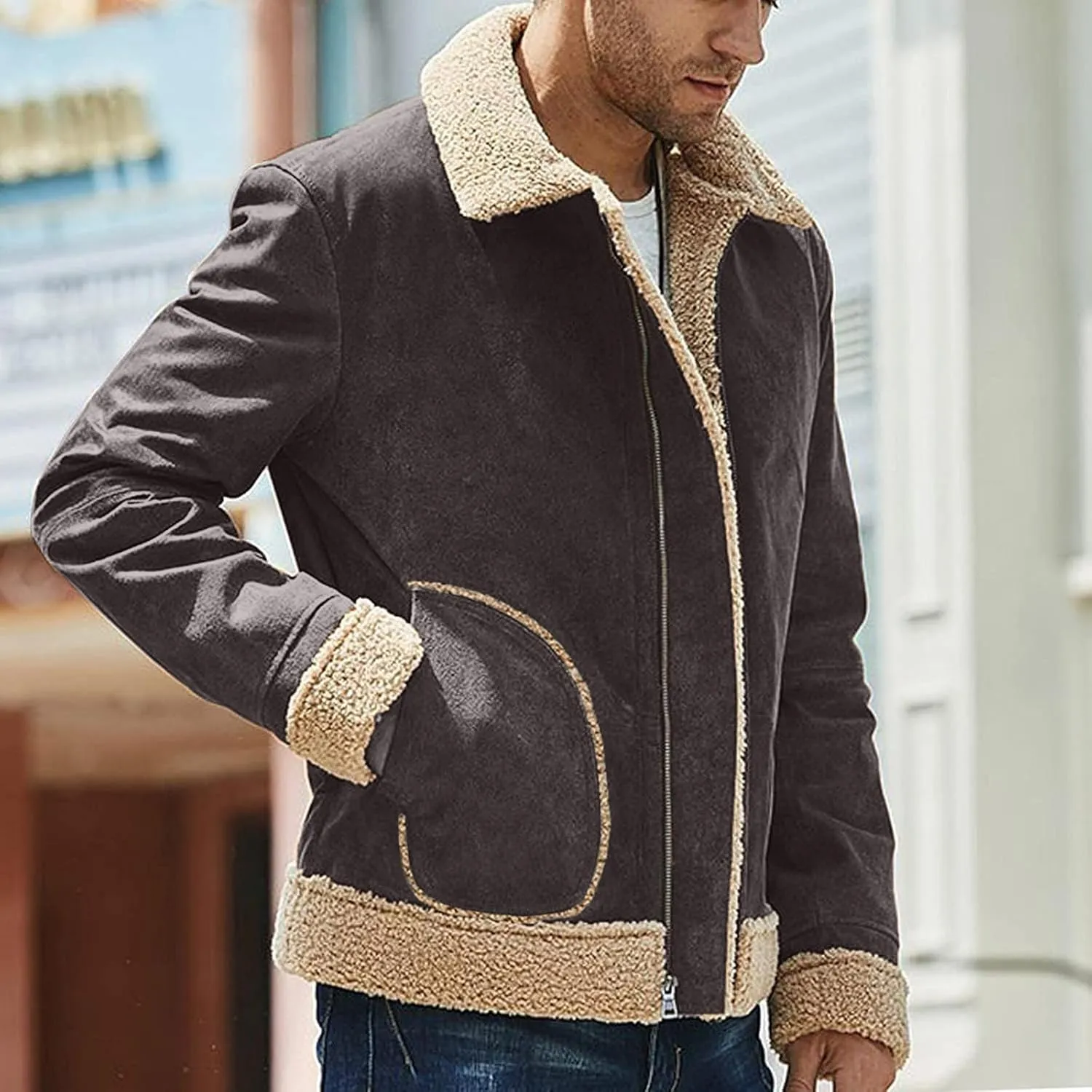 Jackets for Men Vintage Lightweight Suede Bomber Jackets Thicked Sherpa Fleece Lined Retro Varsity Coat Outwear Top