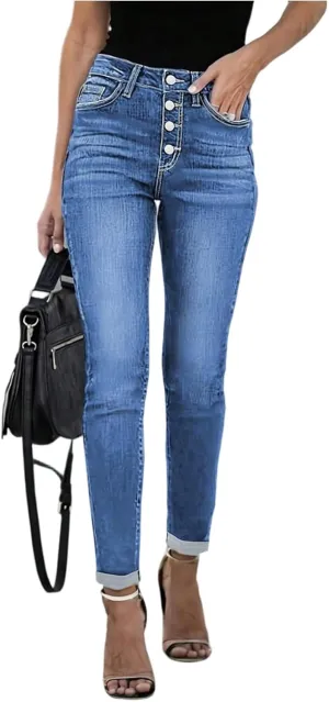 Jeans for Women Trendy Jeggings High Waisted Button Fly Skinny Jeans Cuffed Denim Ankle Pants with Pockets