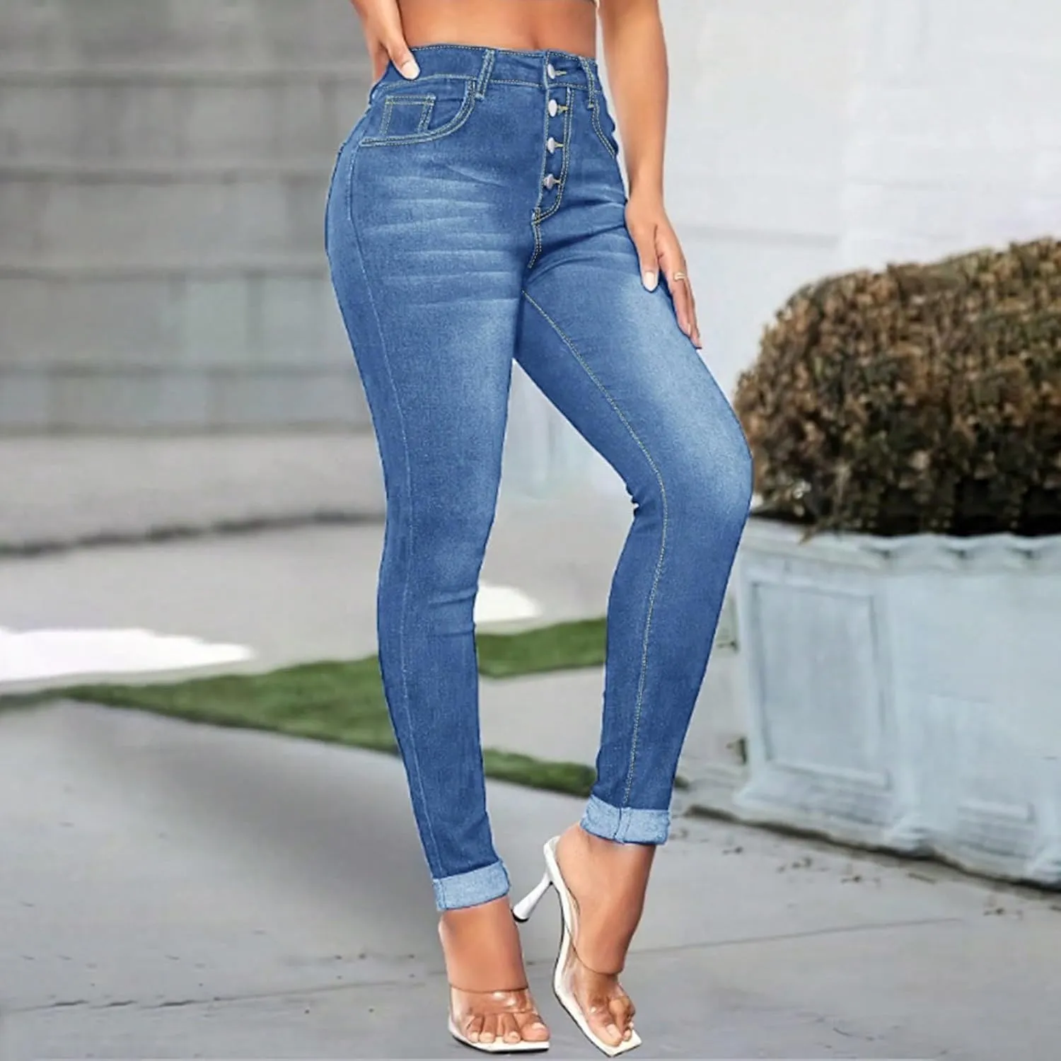 Jeans for Women Trendy Jeggings High Waisted Button Fly Skinny Jeans Cuffed Denim Ankle Pants with Pockets