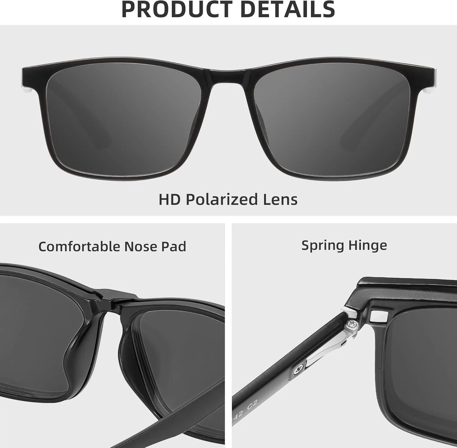 JIM HALO Magnetic 5Pcs Polarized Clip-on Sunglasses Plastic Square Frame for Night Driving