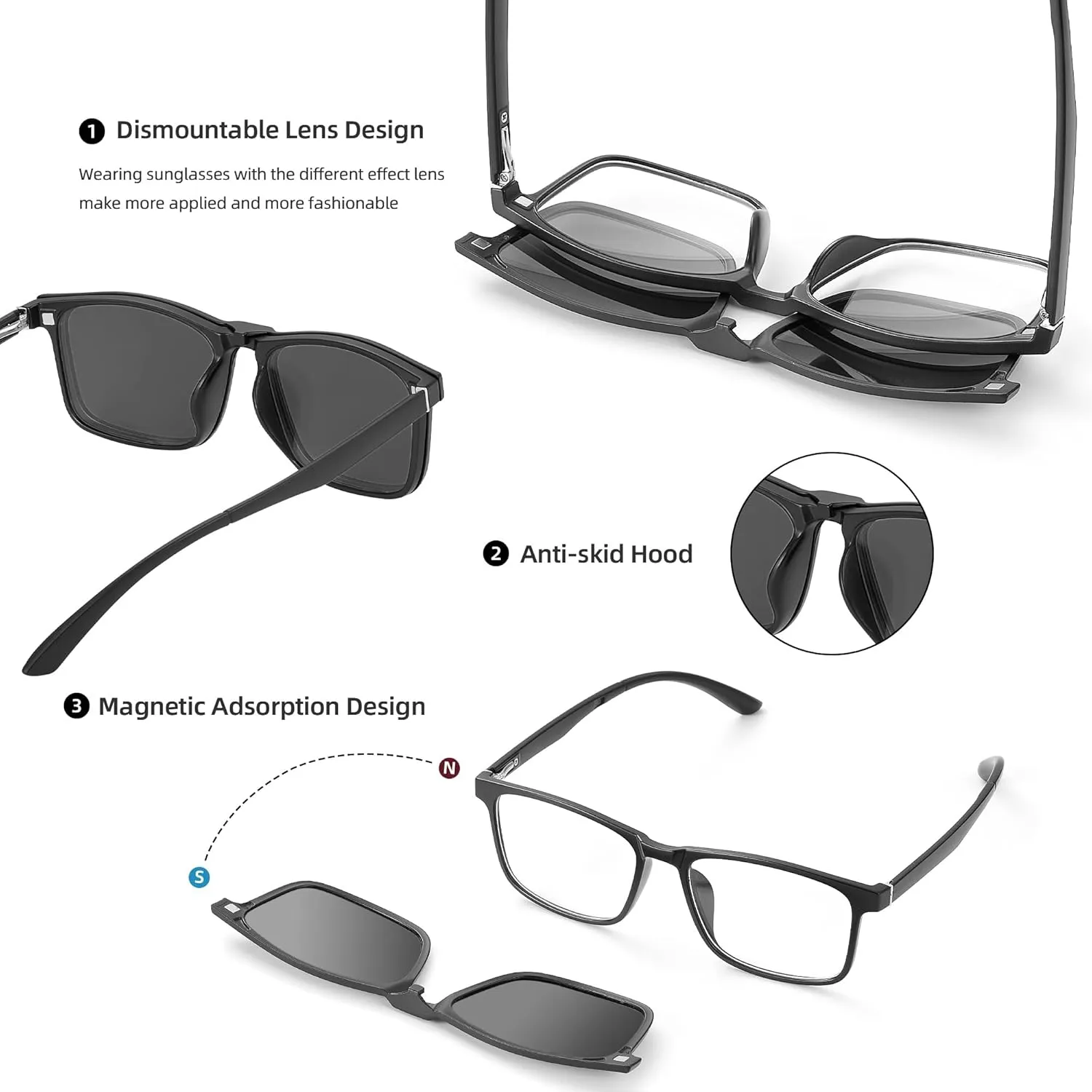 JIM HALO Magnetic 5Pcs Polarized Clip-on Sunglasses Plastic Square Frame for Night Driving