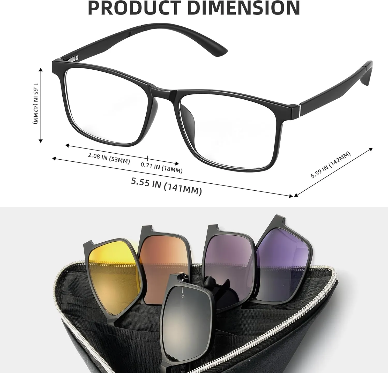 JIM HALO Magnetic 5Pcs Polarized Clip-on Sunglasses Plastic Square Frame for Night Driving