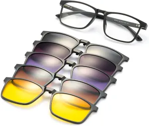 JIM HALO Magnetic 5Pcs Polarized Clip-on Sunglasses Plastic Square Frame for Night Driving