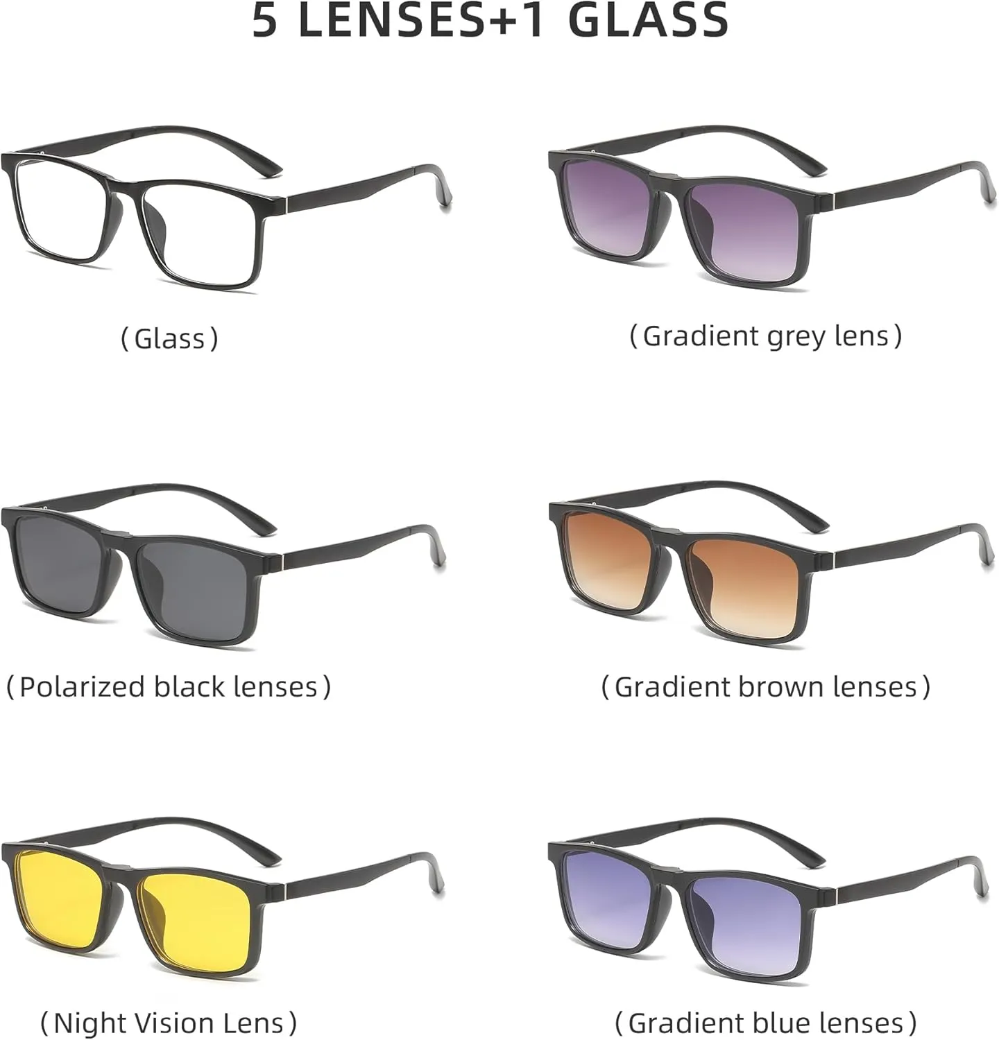 JIM HALO Magnetic 5Pcs Polarized Clip-on Sunglasses Plastic Square Frame for Night Driving