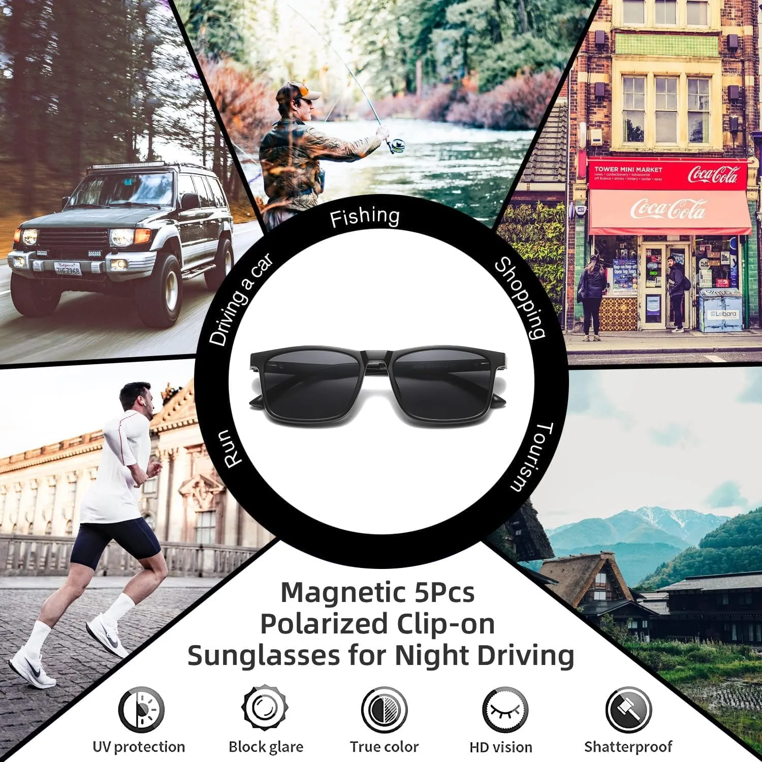 JIM HALO Magnetic 5Pcs Polarized Clip-on Sunglasses Plastic Square Frame for Night Driving