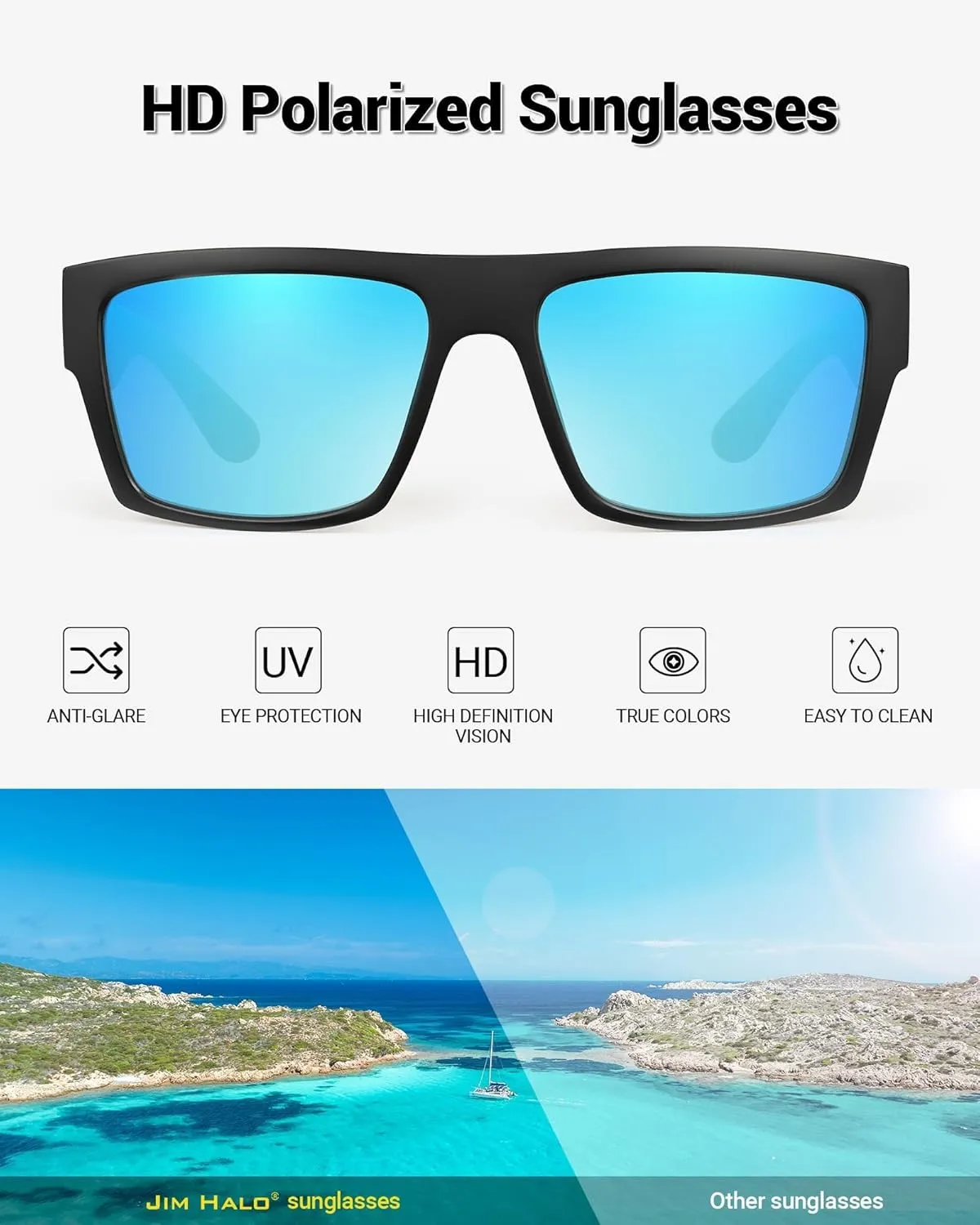 JIM HALO Polarized Sunglasses Men Women, Sport Square Sunglasses with Carbon Fiber and Non-Slip Design For Fishing Driving